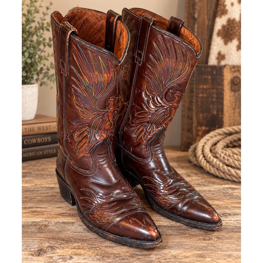 VTG 70's Acme Rainbow Phoenix Cowboy Boots Ranch Western Brown Leather Men's 9D